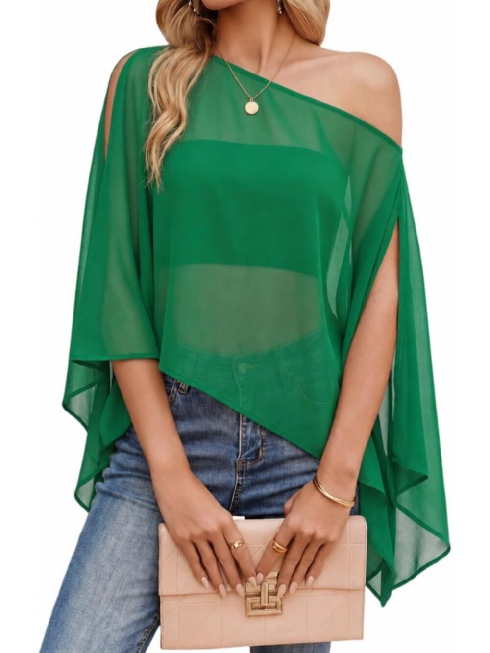 Women's Green Off Shoulder Chiffon Top Batwing Slit Sleeve Sheer Loose Blouse
